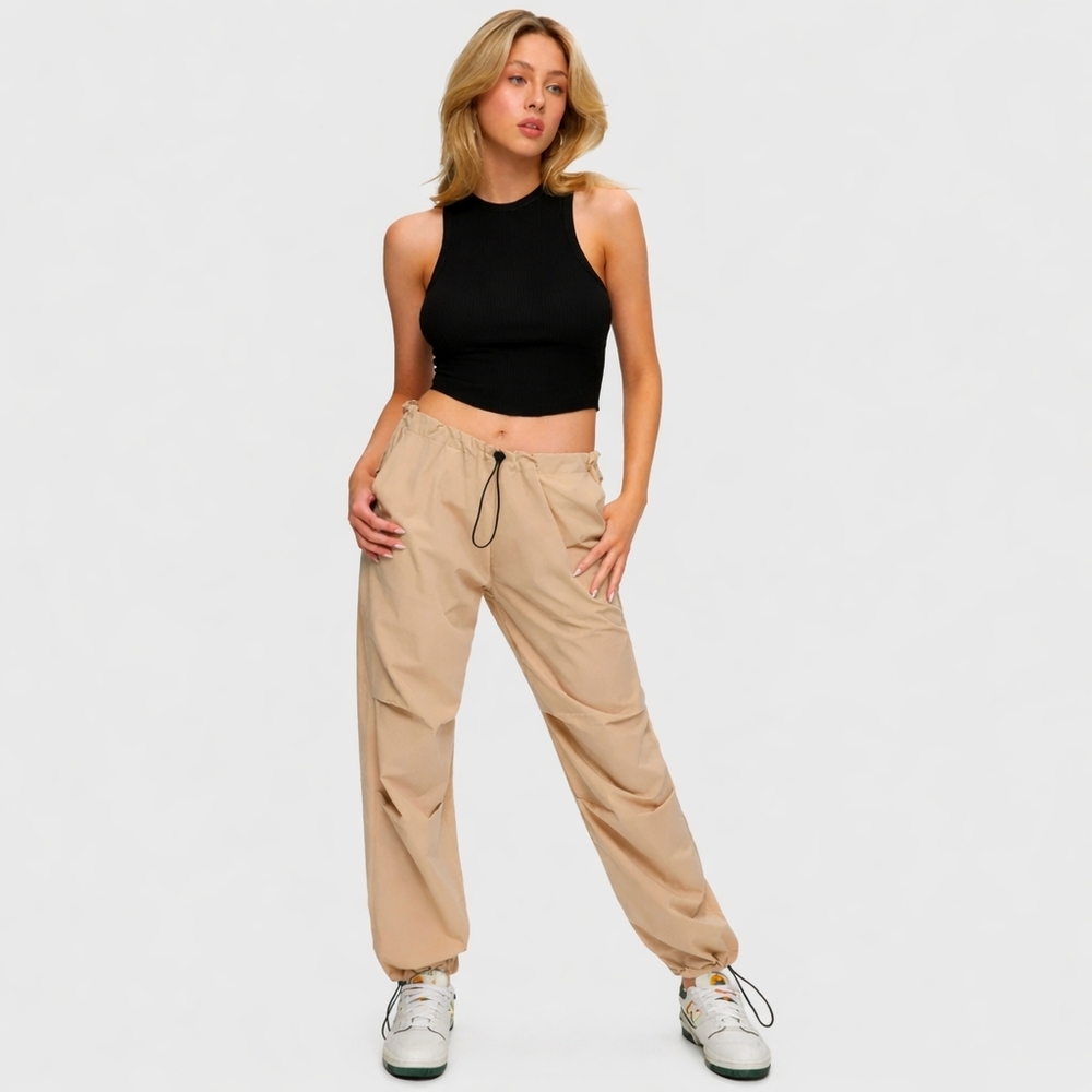 Nwt Kuwalla Low-Cut Baggy Parachute Pants Beige Wide Leg Streetwear Cargo